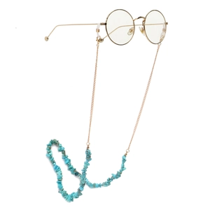 Fashion gold eyewear chain with natural blue turquoise beads and gold round metal glasses