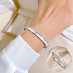 Minimalist silver titanium steel bangle with inlaid white shell and zirconia accents