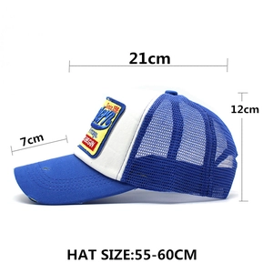 Blue and white trucker hat with vintage letter patch and breathable mesh back