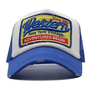 Vintage baseball trucker cap with embroidery and distressed brim in blue and white
