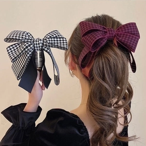 Large Bow Banana Hair Clip For Women Elegant Houndstooth Chiffon Fabric Hair Claw High Ponytail Holder Fashion Accessory