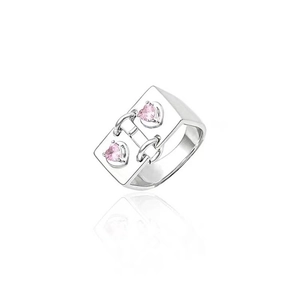 Pink heart zircon bow ring in silver finish with industrial style rectangular band