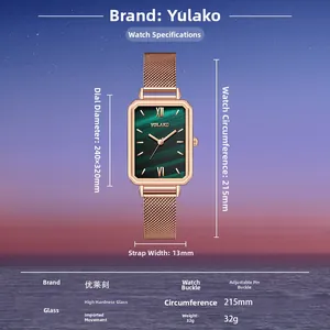 Detail view of vintage square watch with green dial and rose gold mesh strap dimensions