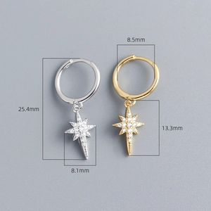 Detail showing dimensions of S925 sterling silver star hoop earrings with small crystals