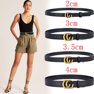 Comparison of black belts with golden double buckle showing widths from 2cm to 4cm
