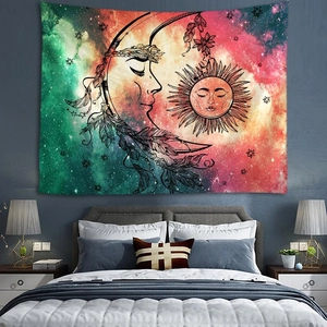 Tenture murale bohème soleil et lune avec nébuleuse colorée pour décor de chambre