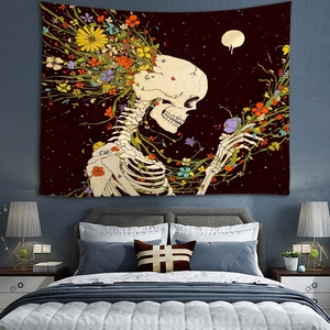 Artistic skull and floral tapestry wall hanging for bedroom decoration in dark starry sky