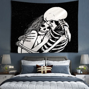 Gothic black and white tapestry featuring embracing skeletons for bedroom wall decor