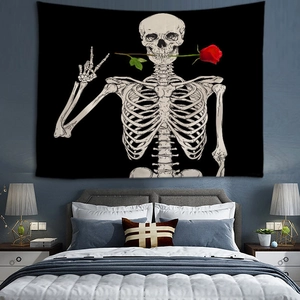 Gothic black skull tapestry with red rose and peace sign for modern bedroom wall decor