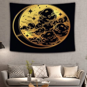 Tapisserie murale avec lune et étoiles dorées au-dessus d'un canapé gris contemporain