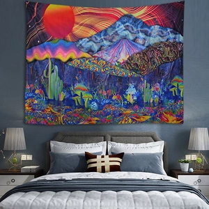 Psychedelic skull and forest tapestry wall hanging with vibrant red sun and mushrooms