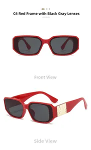 Vues détaillées de lunettes de soleil rouges rectangulaires avec logo doré