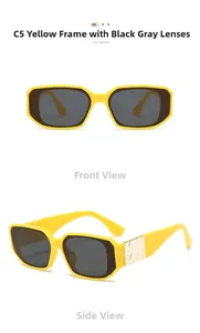 Détail de lunettes de soleil jaunes rectangulaires avec logo MN et verres gris