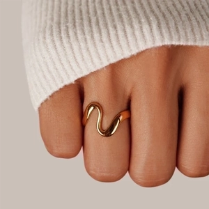 Fashionable gold snake wave geometric open ring for women with minimalist curved design