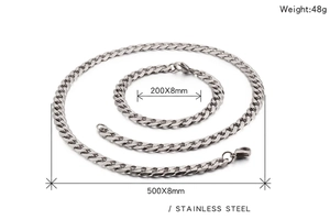 Detailed dimensions of 8mm stainless steel cuban link necklace and bracelet set for men