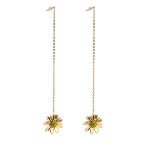 Detail shot of long golden tassel earrings with yellow daisy flower charm on white back