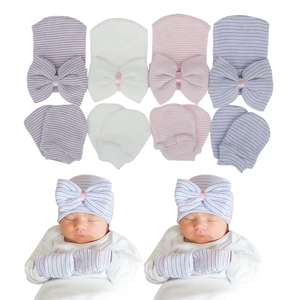 Gorro y Mitones para Recién Nacido Mezcla de Algodón de Punto Gran Lazo Rayas Infant Beanie Guantes Antiarañazos Accesorios de Hospital