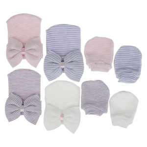 Conjunto de gorros y manoplas para recién nacidos con lazos grandes y rayas