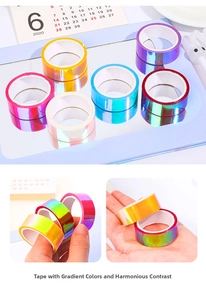 Detail showing high-saturation laser gradient decorative tape with metallic reflection