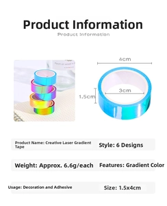 Detailed size and specs for 6 colorful laser gradient PET tapes measuring 1.5x4cm