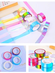 Close-up of rainbow gradient laser holographic washi tape with metallic reflective surface