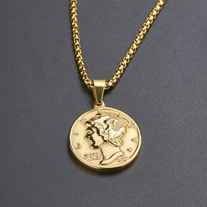 Vintage titanium steel gold coin necklace with embossed Liberty portrait and box chain