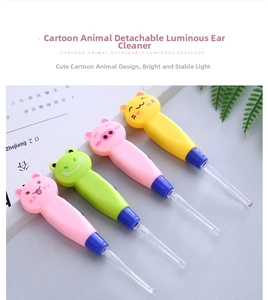 Detail view of colorful cartoon animal earwax removal tools with glowing LED tips