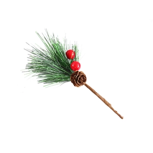 Artificial Christmas pine branch with red berries and brown pinecone on white background
