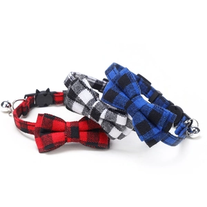 British style plaid pet collars with bows and silver bells in three assorted colors