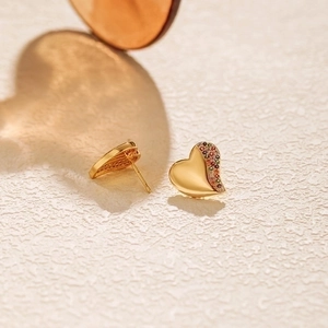Minimalist heart-shaped stud earrings with colorful cubic zirconia in gold plating