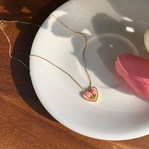 Heart Tulip Pendant Necklace Titanium Steel Gold Plated Enamel Pink Flower French Retro Sweet Style Aesthetic For Women