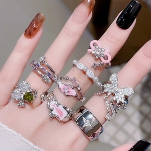 Copper Adjustable Open Rings For Women Zircon Enamel French Ins Style Butterfly Bow Star Fashion Jewelry