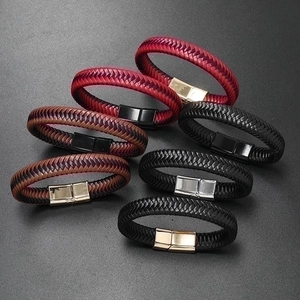 Braided PU Leather Bracelet With Alloy Magnetic Clasp Retro Hip Hop Style Jewelry For Men