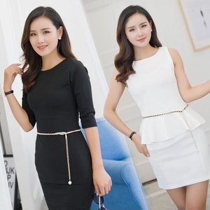 Elegant gold metal waist chain for women with pearl pendants on black and white dresses