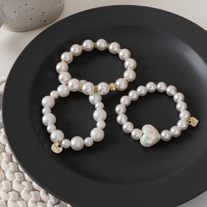 Artificial Pearl Bracelet Hair Tie Faux Artificial Pearl Alloy Elastic Hair Rope Heart Charm Letter Pendant Vintage French Style For Women