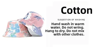 Detail of soft cotton tie-dye bucket hat showing material texture and washing instructions