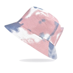 Detail of pink and blue tie-dye fisherman bucket hat with breathable cotton fabric