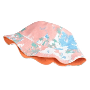 Stylish tie-dye bucket hat in pink blue white with contrast orange lining for sun protection