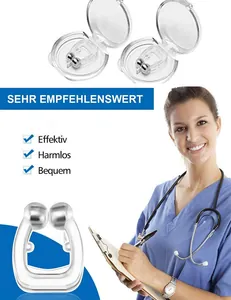 Detail view of magnetic silicone nose clips with cases and professional doctor endorsement