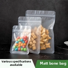 Three sizes of matte translucent self-sealing food pouches with stand-up base