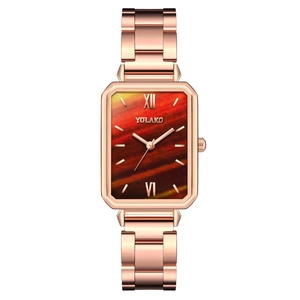 Square rose gold women's quartz watch with red-brown dial and metal mesh strap