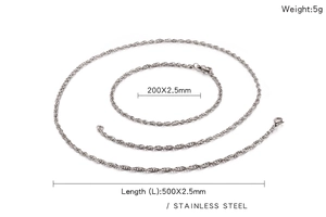 Detailed specs of stainless steel chain necklace with lobster clasp and sizes