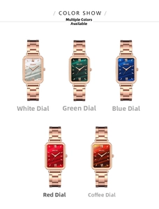 Close-up of elegant square quartz watches for women with metallic strap in five colors