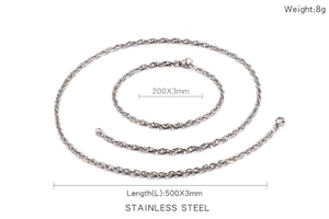 Detail of stainless steel rope chain set showing 500mm necklace and 200mm bracelet