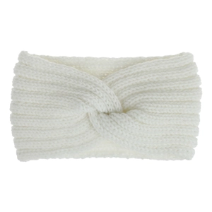Close-up of white knitted headband showing thick yarn texture and twist knot detail