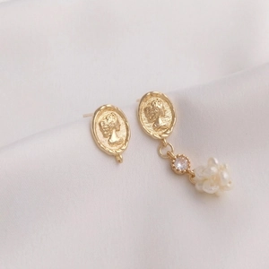Retro Cameo Queen Avatar Earring Post Findings 14K Gold Plated Copper Oval Coin Relief With Hanging Loop DIY Jewelry