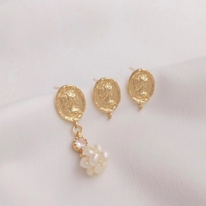 Vintage 14K gold-filled Queen cameo earrings with white bead clusters and zircon accents