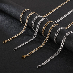 8mm embossed stainless steel chain set in gold and silver finishes on dark background