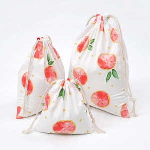 Three-piece cotton linen drawstring storage bags with watercolor grapefruit print