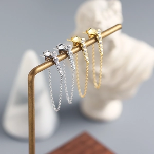 Long tassel S925 sterling silver earrings with sparkling crystals in gold and silver